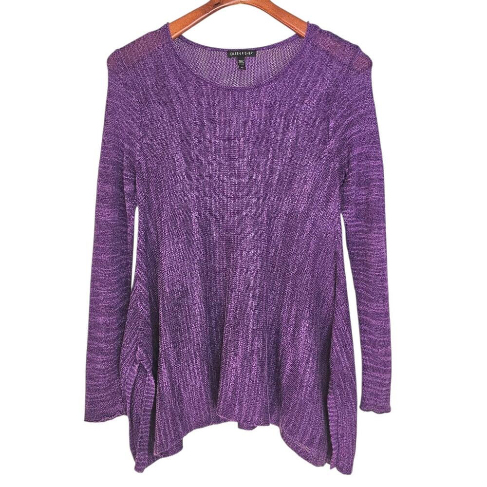 Eileen Fisher Purple Linen Blend Open Knit Sweater with 3/4 Sleeves